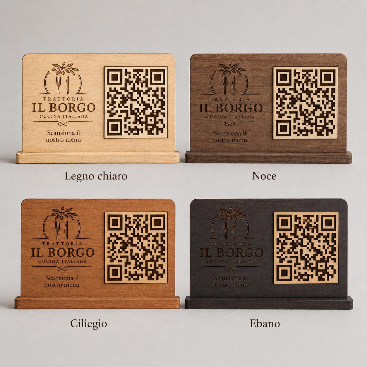 QR Code da tavolo in legno color noce personalizzato, segnatavolo inciso laser per menu digitale ristorante bar hotel