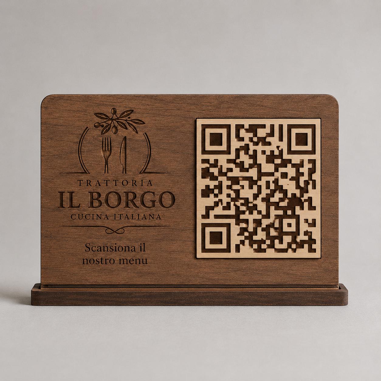 Supporto QR code verticale effetto noce personalizzato per menu digitale ristorante