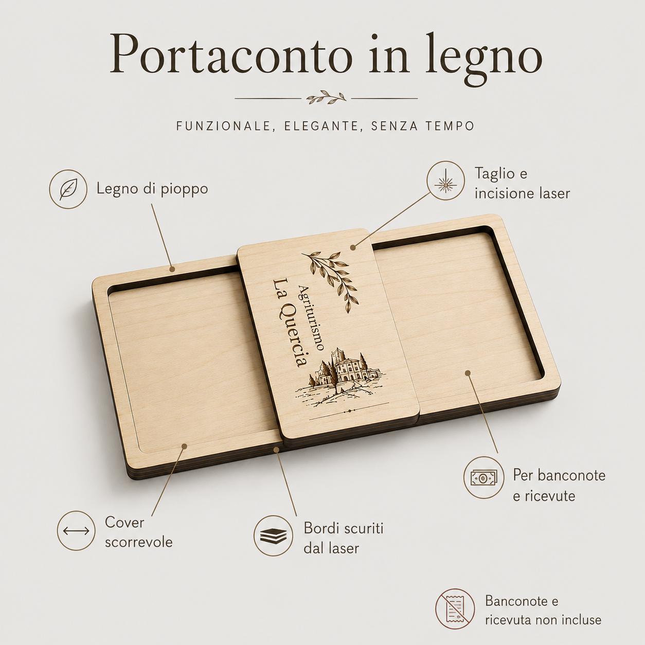 Portaricevuta in legno noce con incisione logo ristorante personalizzato, segnatavolo inciso laser per menu digitale ristorante bar hotel