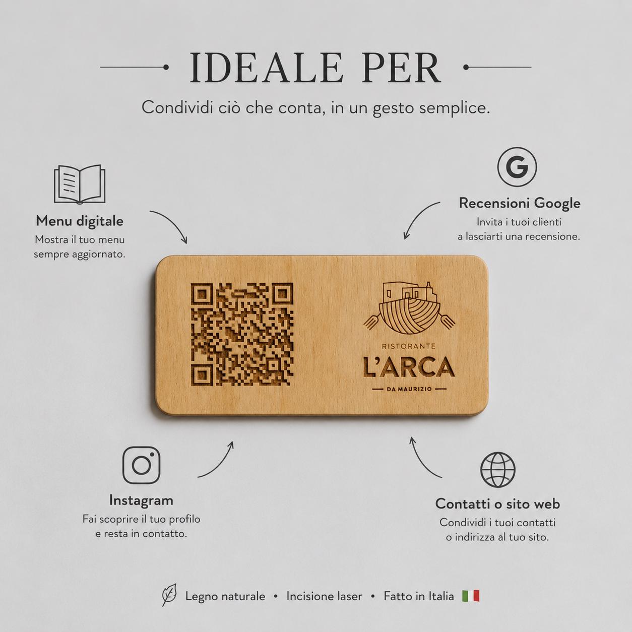 targhetta in legno noce con incisione logo ristorante personalizzato, segnatavolo inciso laser per menu digitale ristorante bar hotel