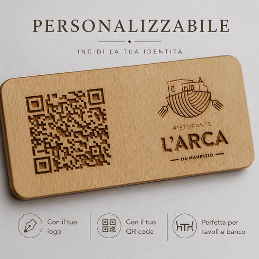targhetta in legno noce con incisione logo ristorante personalizzato, segnatavolo inciso laser per menu digitale ristorante bar hotel