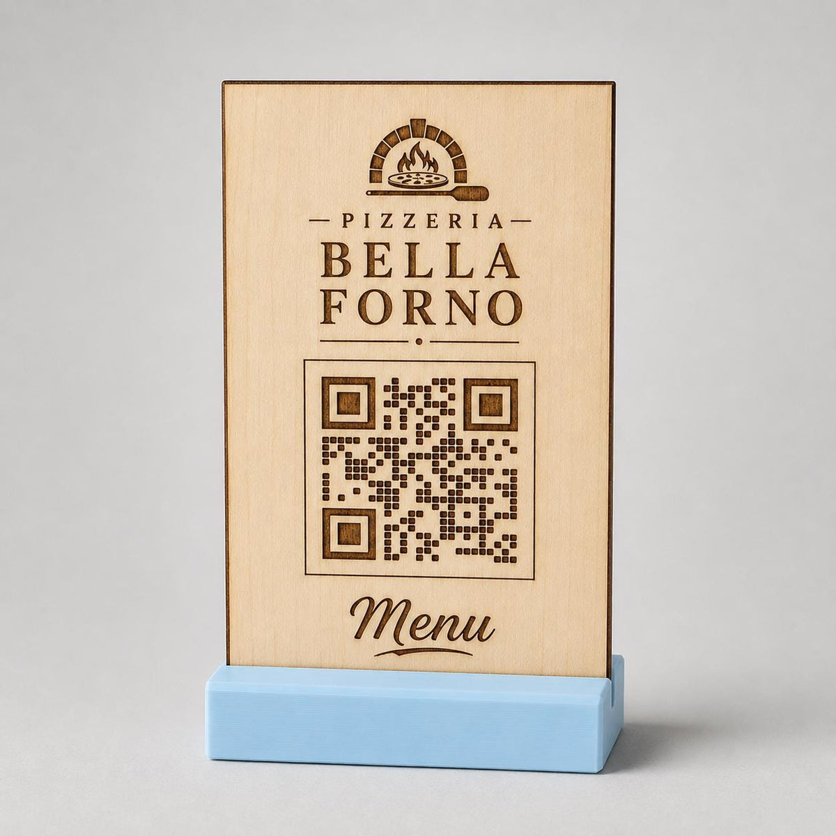 Totem qr code in legno e base in 3d in plastica per caffetterie bar pasticceria bakery floreale qr code design rustico moderno