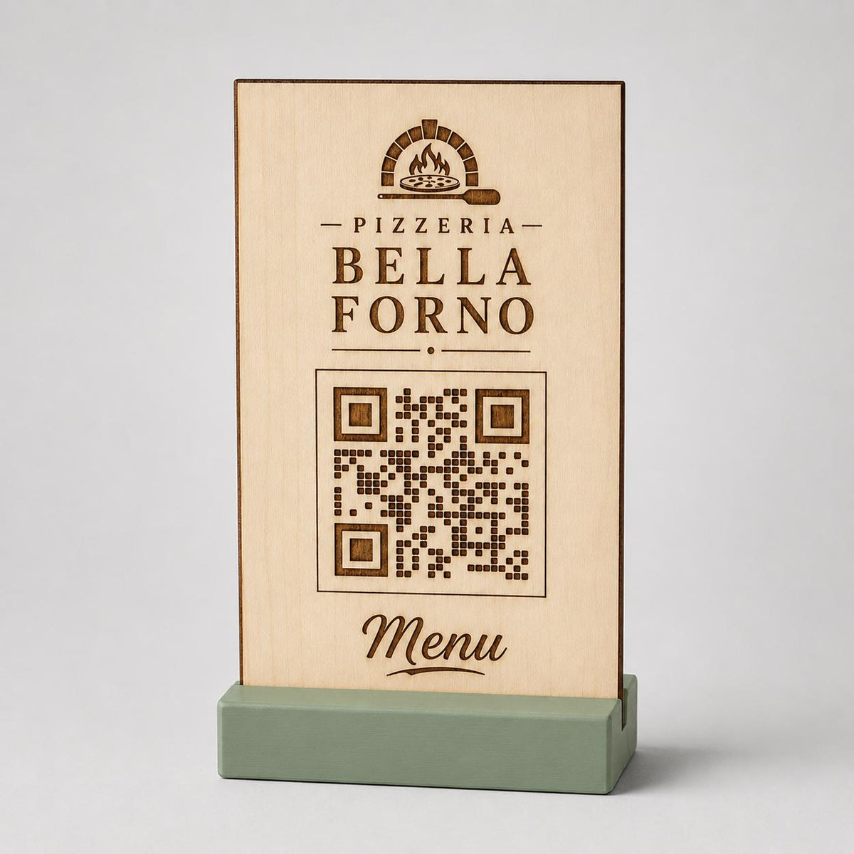 Totem qr code in legno e base in 3d in plastica per caffetterie bar pasticceria bakery floreale qr code design rustico moderno