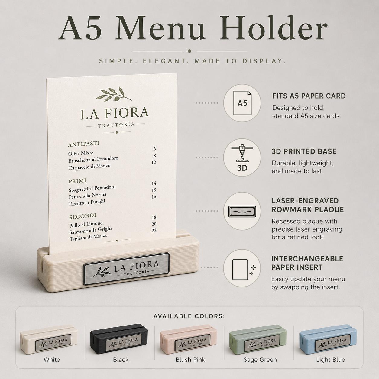 Base in plastica menu fai da te Porta Menu e Segnatavolo Personalizzato in Stampa 3D per menu in cartoncino formato A5