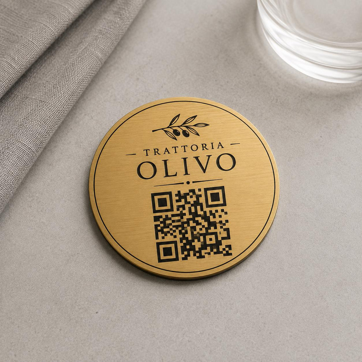 Targa rotonda personalizzata con codice QR per menu contactless - Ristoranti, hotel, bar - Collegamento a Instagram, Facebook, acciaio abs