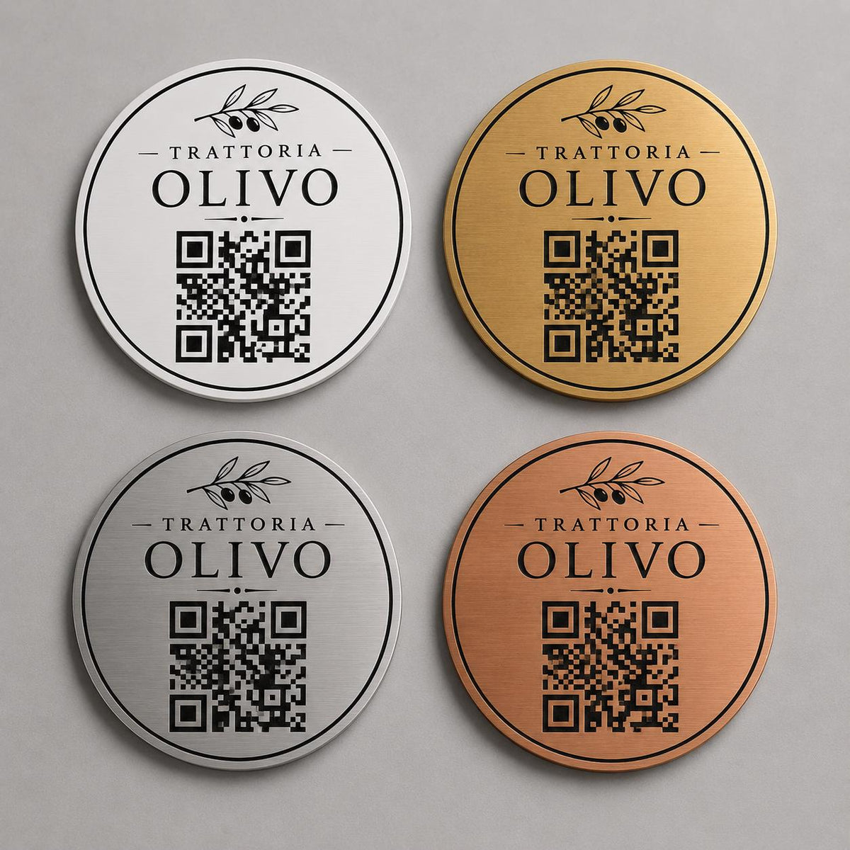 Targa rotonda personalizzata con codice QR per menu contactless - Ristoranti, hotel, bar - Collegamento a Instagram, Facebook, acciaio abs