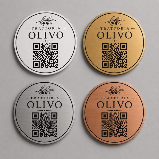 Targa rotonda personalizzata con codice QR per menu contactless - Ristoranti, hotel, bar - Collegamento a Instagram, Facebook, acciaio abs