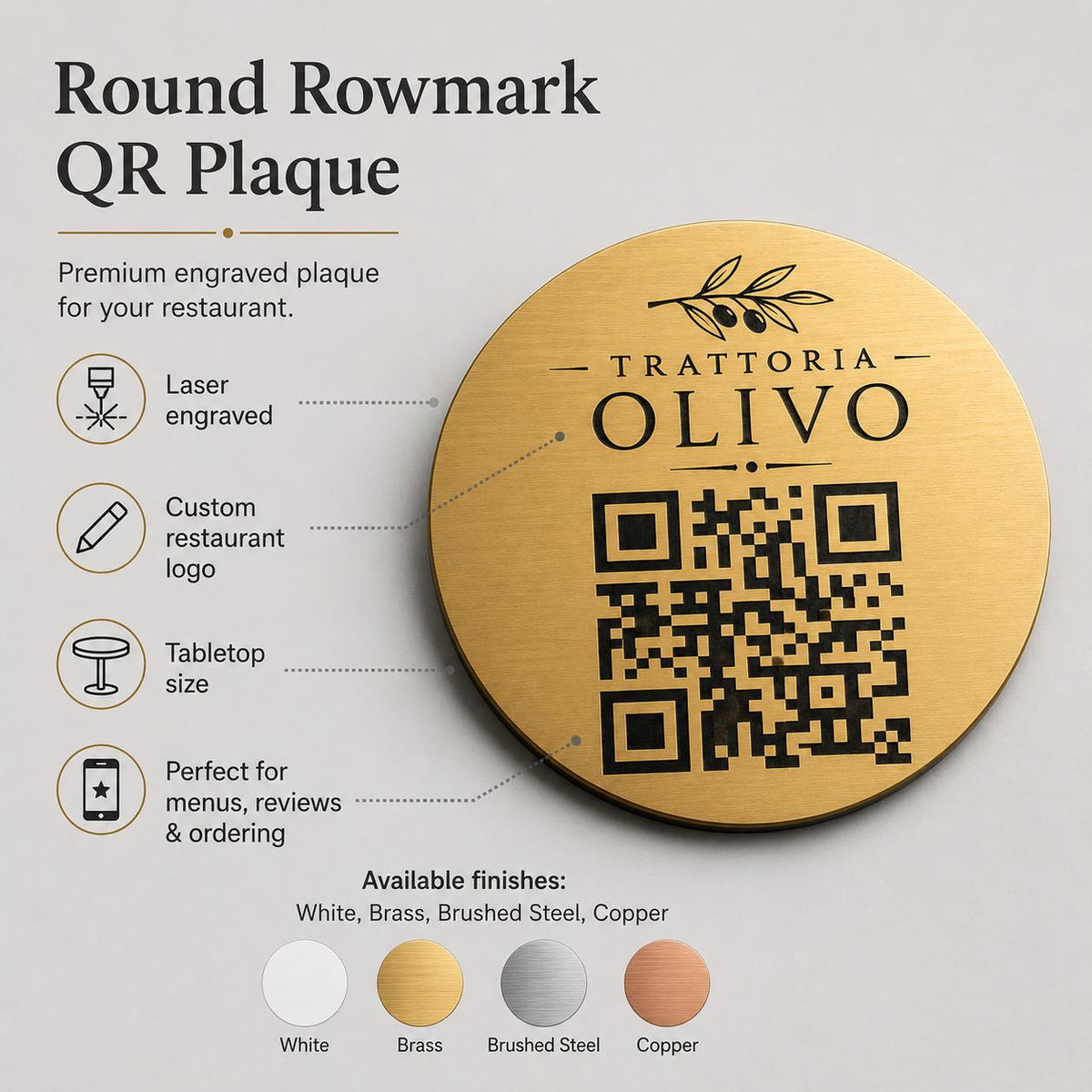 Targa rotonda personalizzata con codice QR per menu contactless - Ristoranti, hotel, bar - Collegamento a Instagram, Facebook, acciaio abs