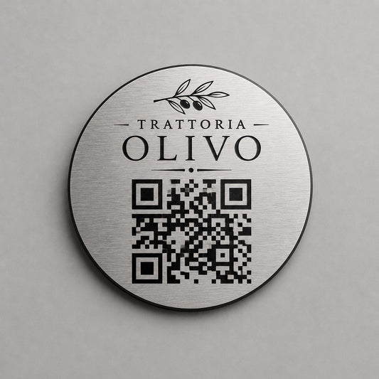 Targa rotonda personalizzata con codice QR per menu contactless - Ristoranti, hotel, bar - Collegamento a Instagram, Facebook, acciaio abs