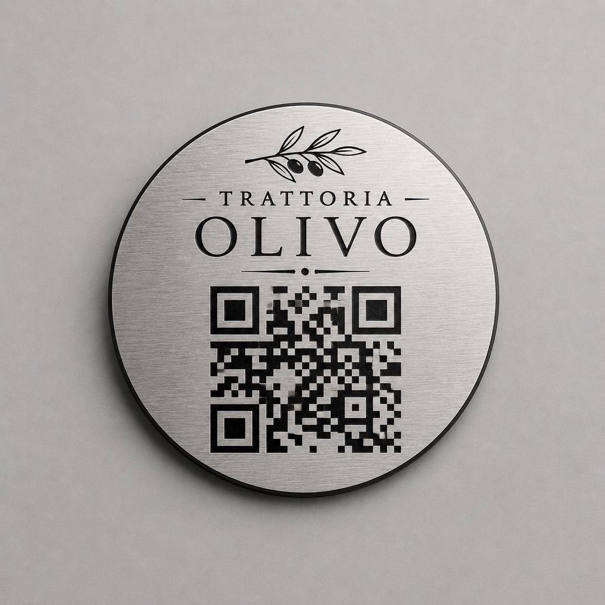Targa rotonda personalizzata con codice QR per menu contactless - Ristoranti, hotel, bar - Collegamento a Instagram, Facebook, acciaio abs