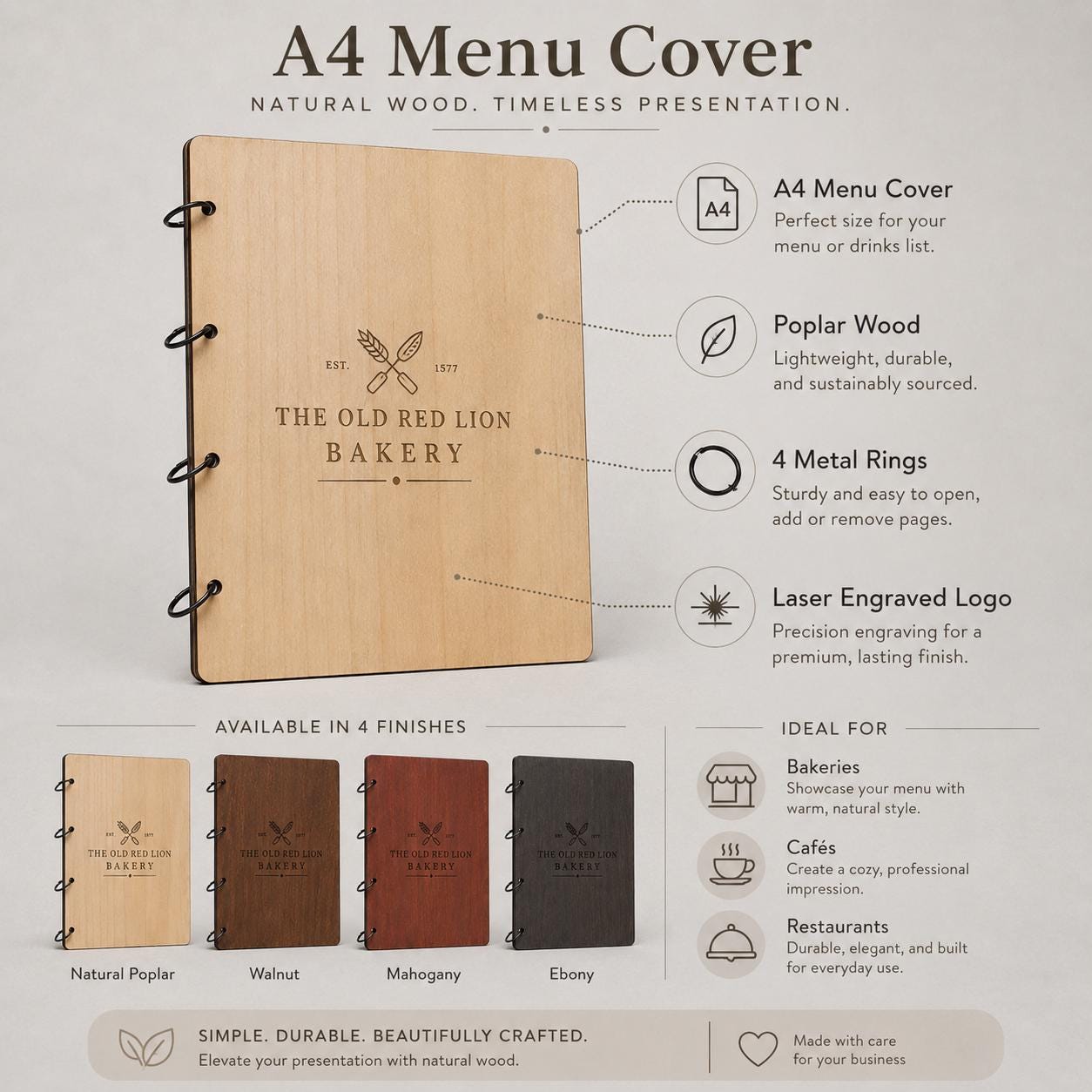 Portamenu A4 noce in Legno Personalizzato | Menu Ristorante con Anelli | Copertina Menu in Pioppo Incisa Laser per Bar, Café e Ristoranti