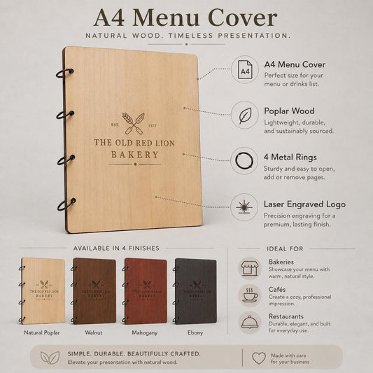 Portamenu A4 in Legno Personalizzato | Menu Ristorante con Anelli | Copertina Menu in Pioppo Incisa Laser per Bar, Bakery, Café e Ristoranti