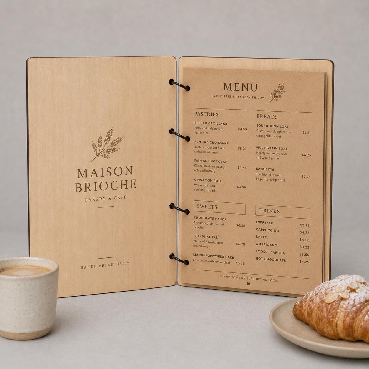 Portamenu A4 noce in Legno Personalizzato | Menu Ristorante con Anelli | Copertina Menu in Pioppo Incisa Laser per Bar, Café e Ristoranti