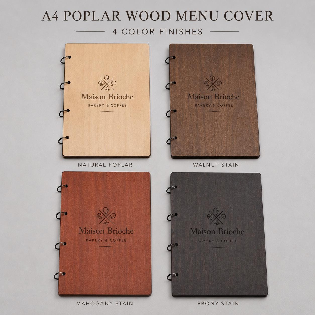 Portamenu A4 noce in Legno Personalizzato | Menu Ristorante con Anelli | Copertina Menu in Pioppo Incisa Laser per Bar, Café e Ristoranti