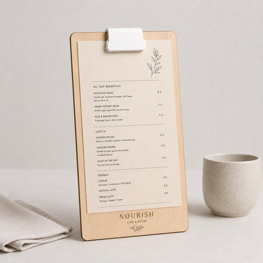Portamenu A4 in legno con clip colorata per ristorante
