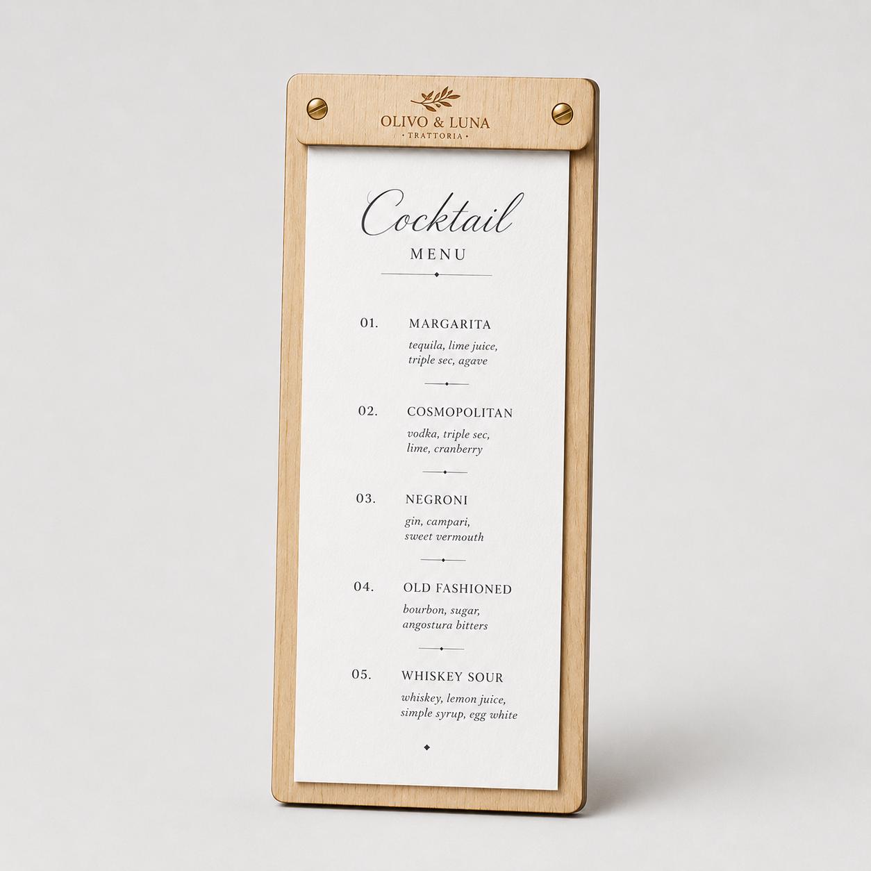 Portamenu tavoletta cocktails ebano in legno bacchetta stretta formato A4 Personalizzato | Menu Ristorante personalizzato| Copertina