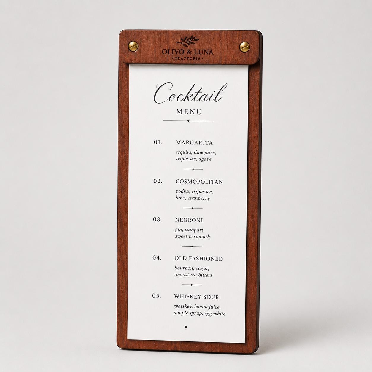 Portamenu tavoletta cocktails ebano in legno bacchetta stretta formato A4 Personalizzato | Menu Ristorante personalizzato| Copertina