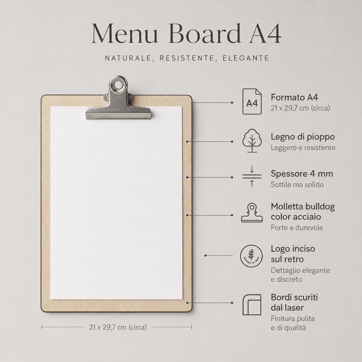 Portamenu molletta bulldog in legno pioppo ebano formato A4 Personalizzato | Menu Ristorante personalizzato| Copertina