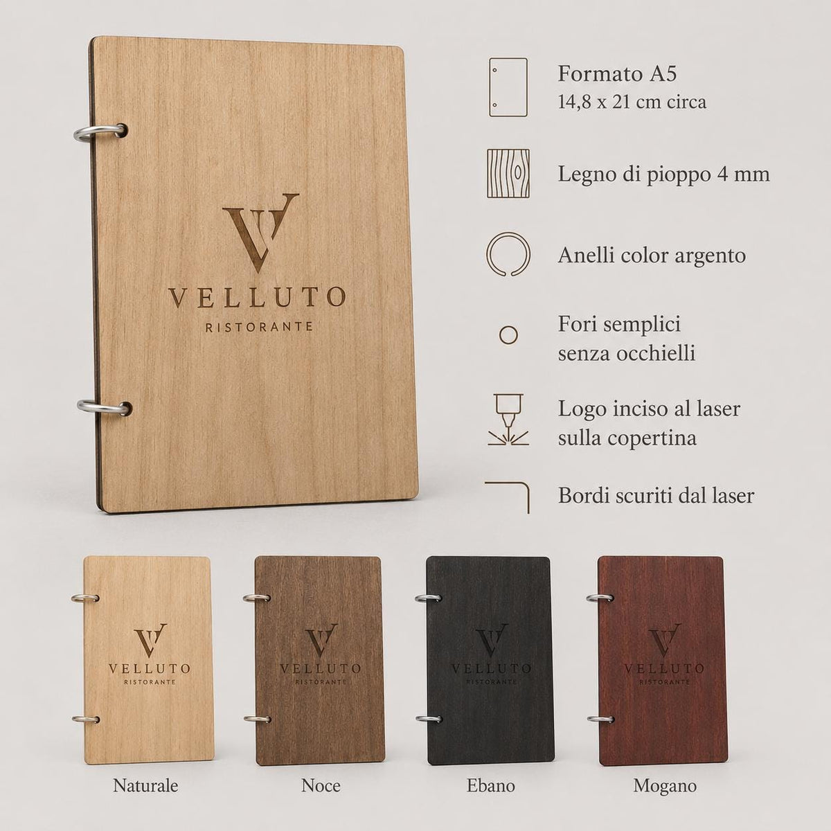 Portamenu A5 Legno Personalizzato | Menu Ristorante con Anelli | Copertina Menu in Pioppo Incisa Laser per Bar, Café e Ristoranti