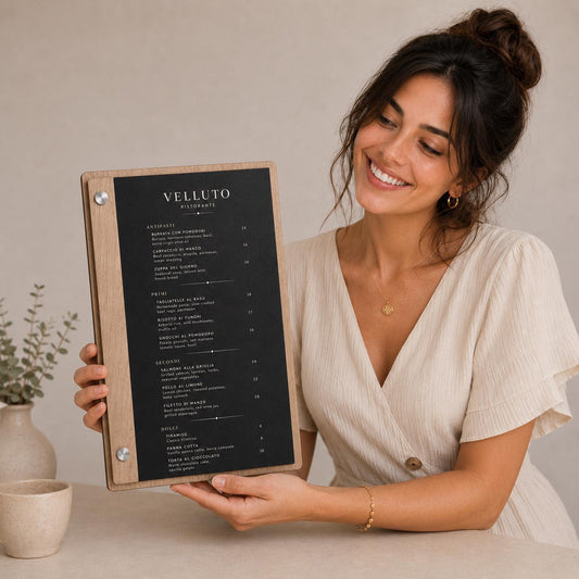 Portamenu orizzontale in legno di pioppo colore ebano con incisione logo ristorante personalizzato, menu inciso laser a bacchetto formato a4
