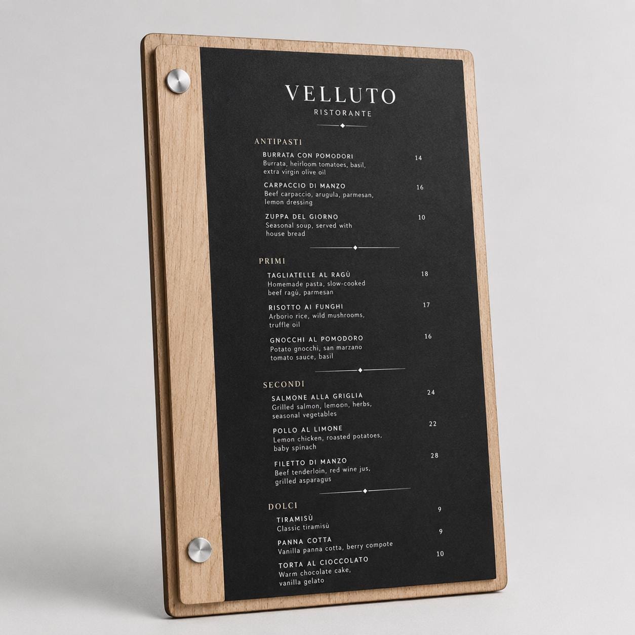 Portamenu orizzontale in legno di pioppo colore ebano con incisione logo ristorante personalizzato, menu inciso laser a bacchetto formato a4