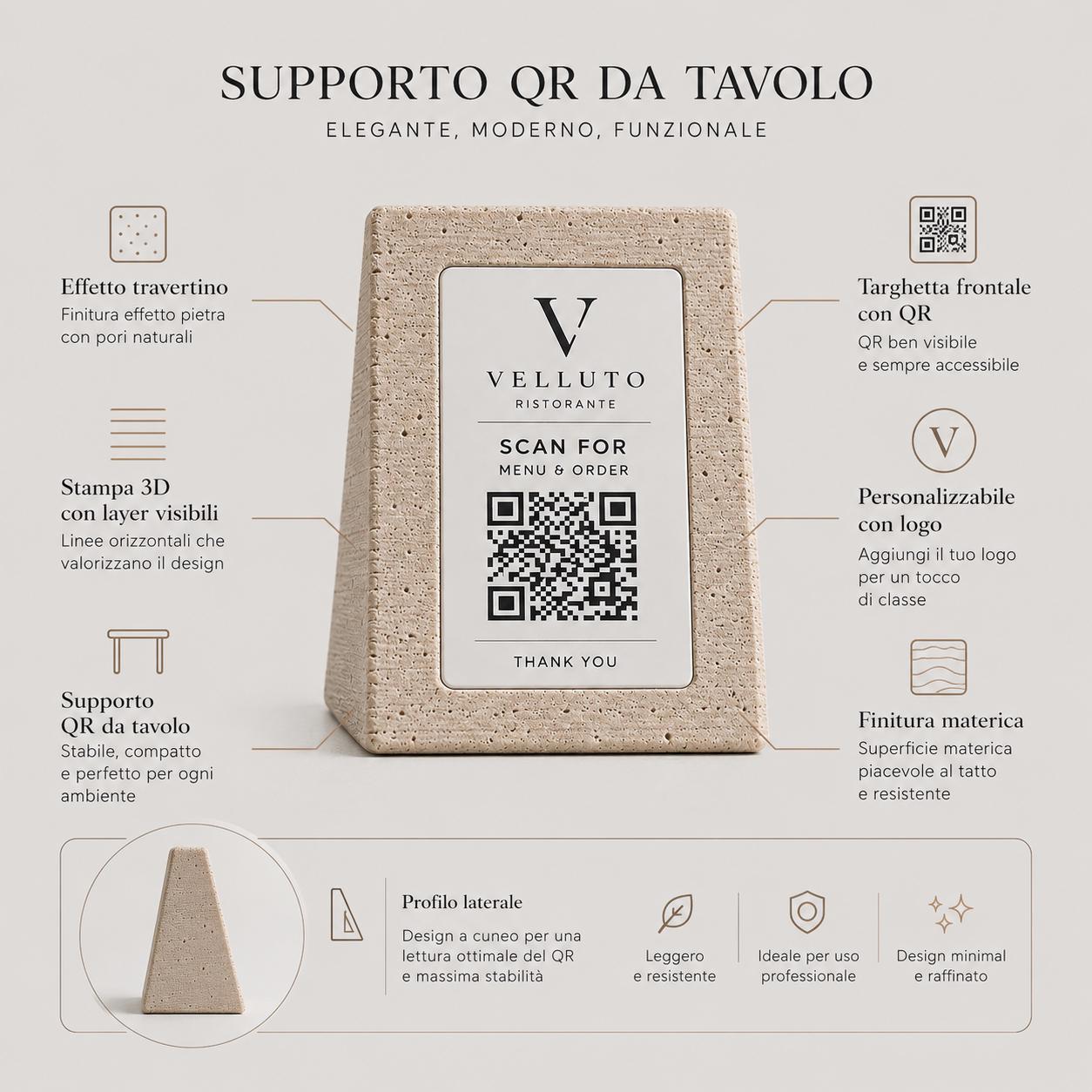 Supporto QR Code Menu Ristorante in PLA effetto travertino pietra | Totem da Tavolo Personalizzato con Logo e Targhetta Incisa Laser