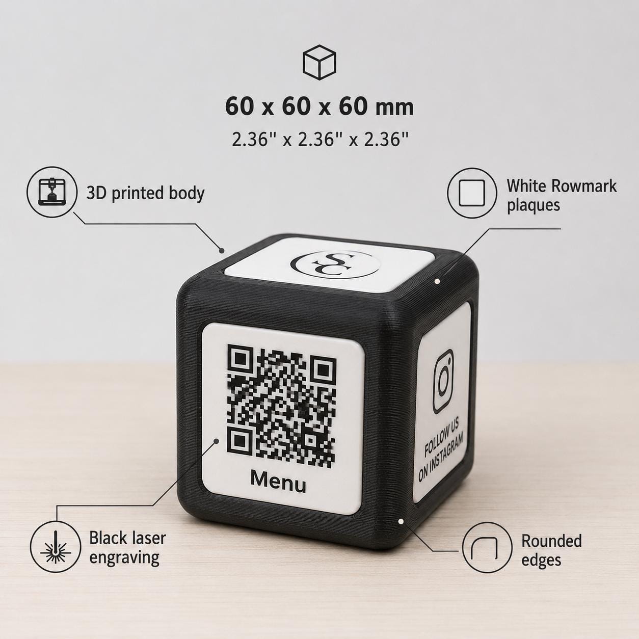 Cubetto nero Espositore QR Code Personalizzato | Menu Digitale, Social Media, Wi-Fi | Stampa 3D e Incisione Laser | Per Ristoranti, Bar