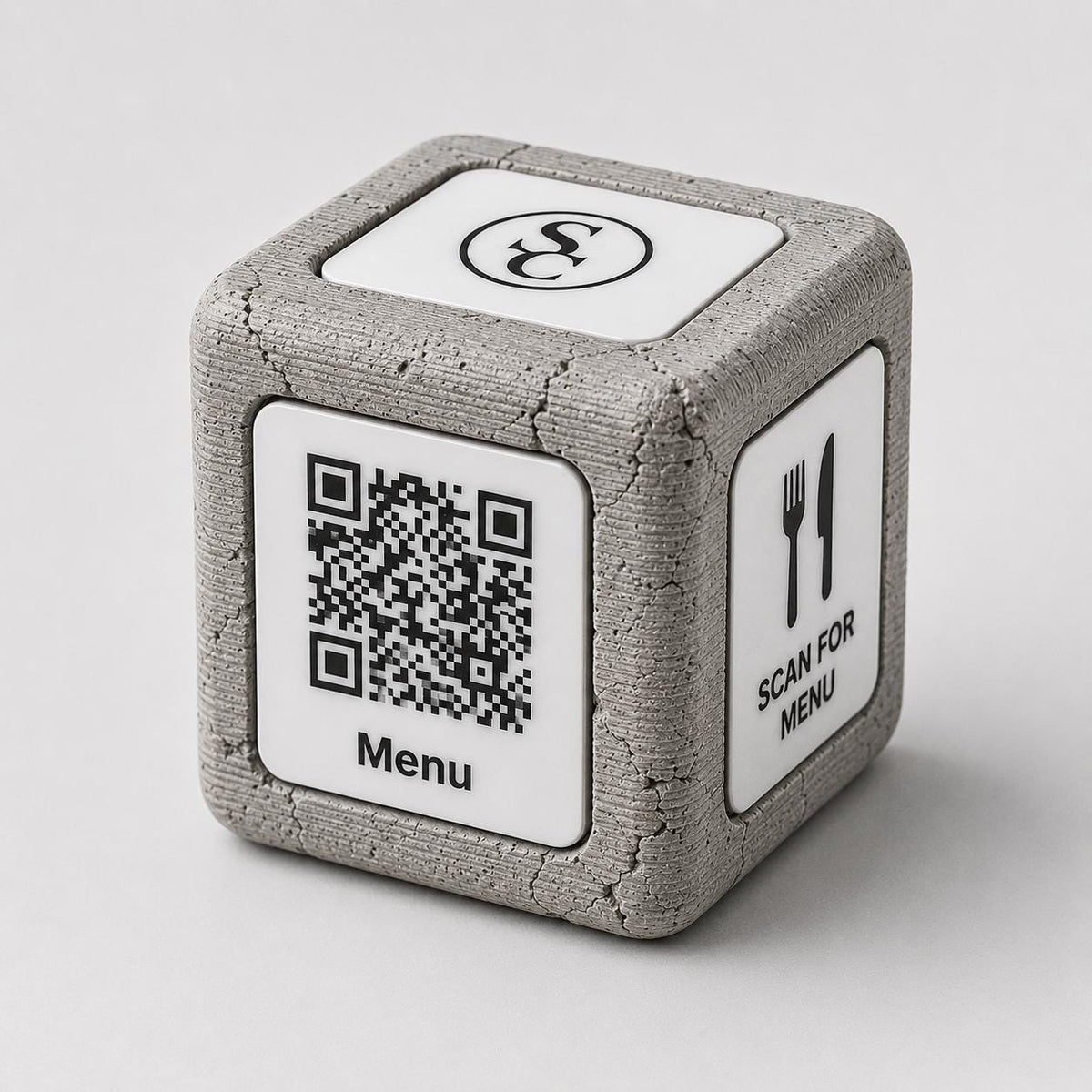 Cubo steampunk cemento e rame Espositore QR Code Personalizzato | Effetto cemento Menu Digitale, Social Media, Wi-Fi | Stampa 3D e Incisione