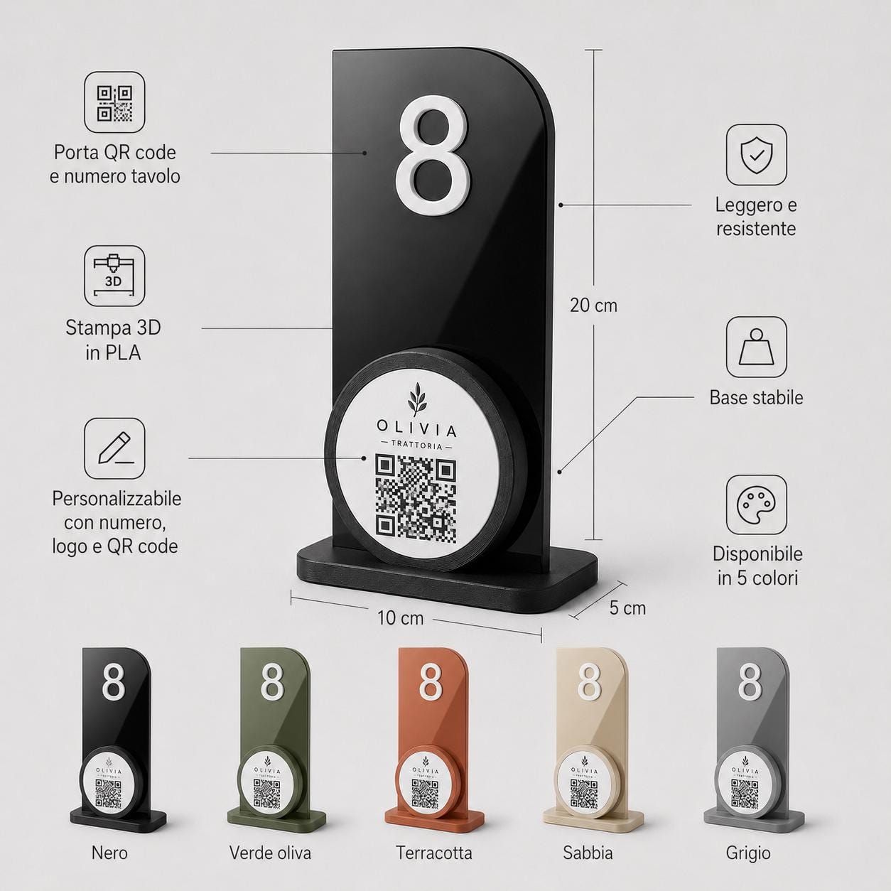 Portanumero da Tavolo verde QR Code, Segnatavolo Personalizzato per Ristoranti e Trattorie, Stampa 3D Minimalista, Porta Menu Digitale