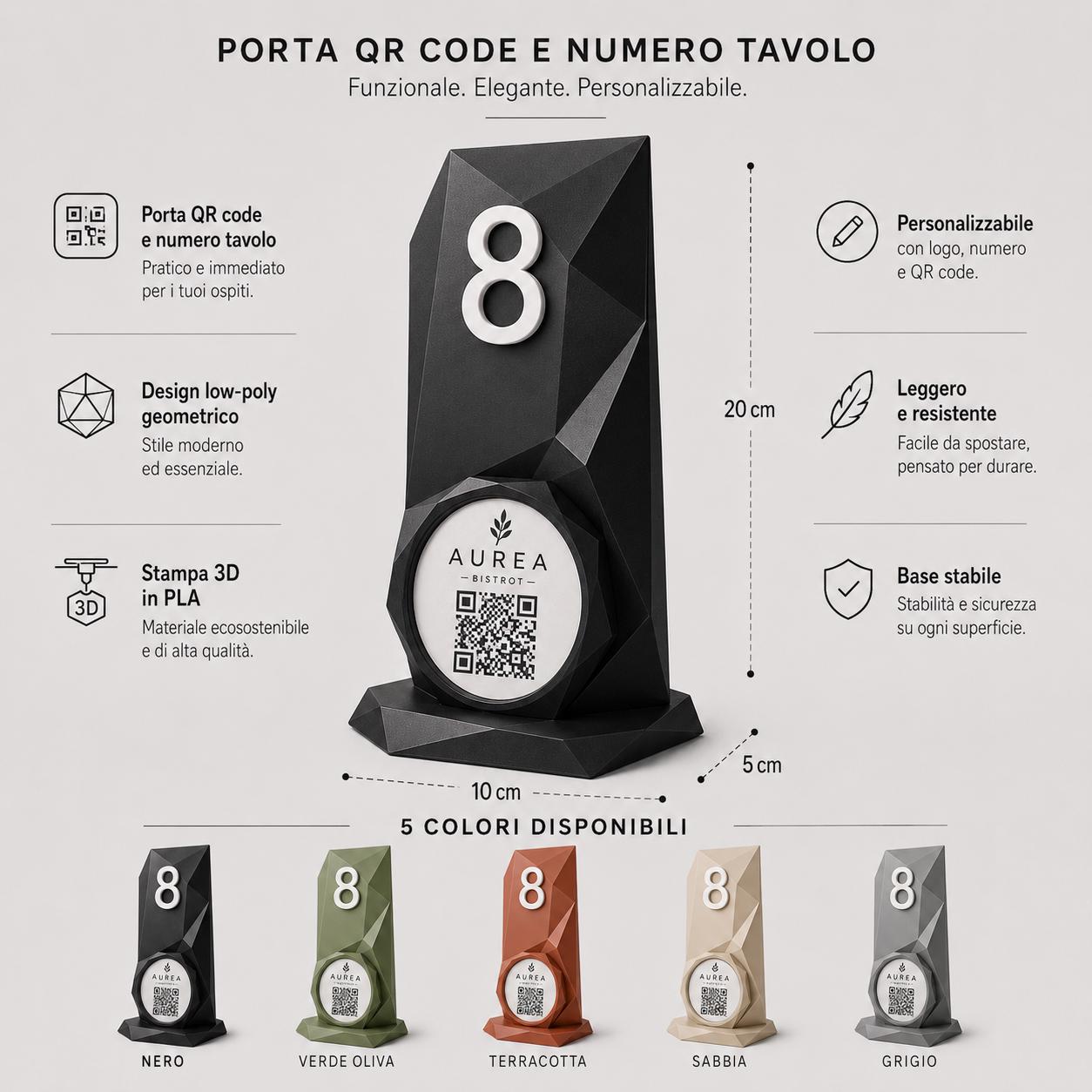 Porta QR Code da Tavolo Personalizzato | Numero Tavolo 3D Low Poly | Supporto Menu Digitale per Ristorante, Bar, Hotel e Cocktail Bar