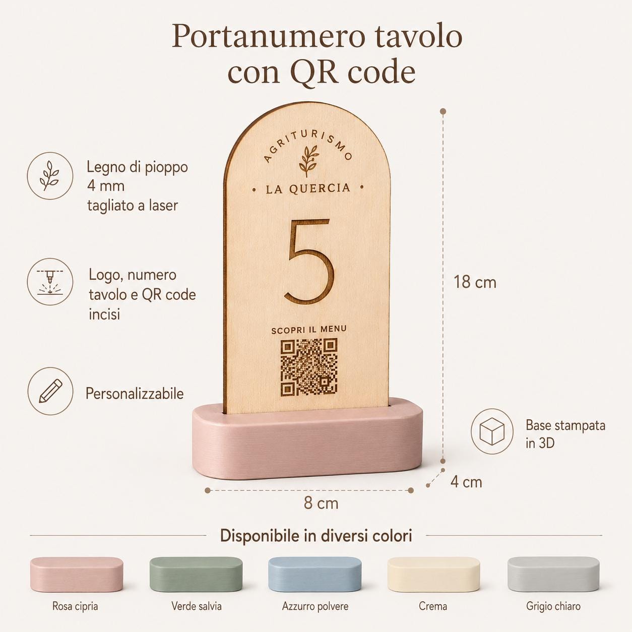 Portanumero incisoo al laser in legno Tavolo Azzurro con QR Code Personalizzato | Stand in Legno di Pioppo e Base 3D | Segnatavolo