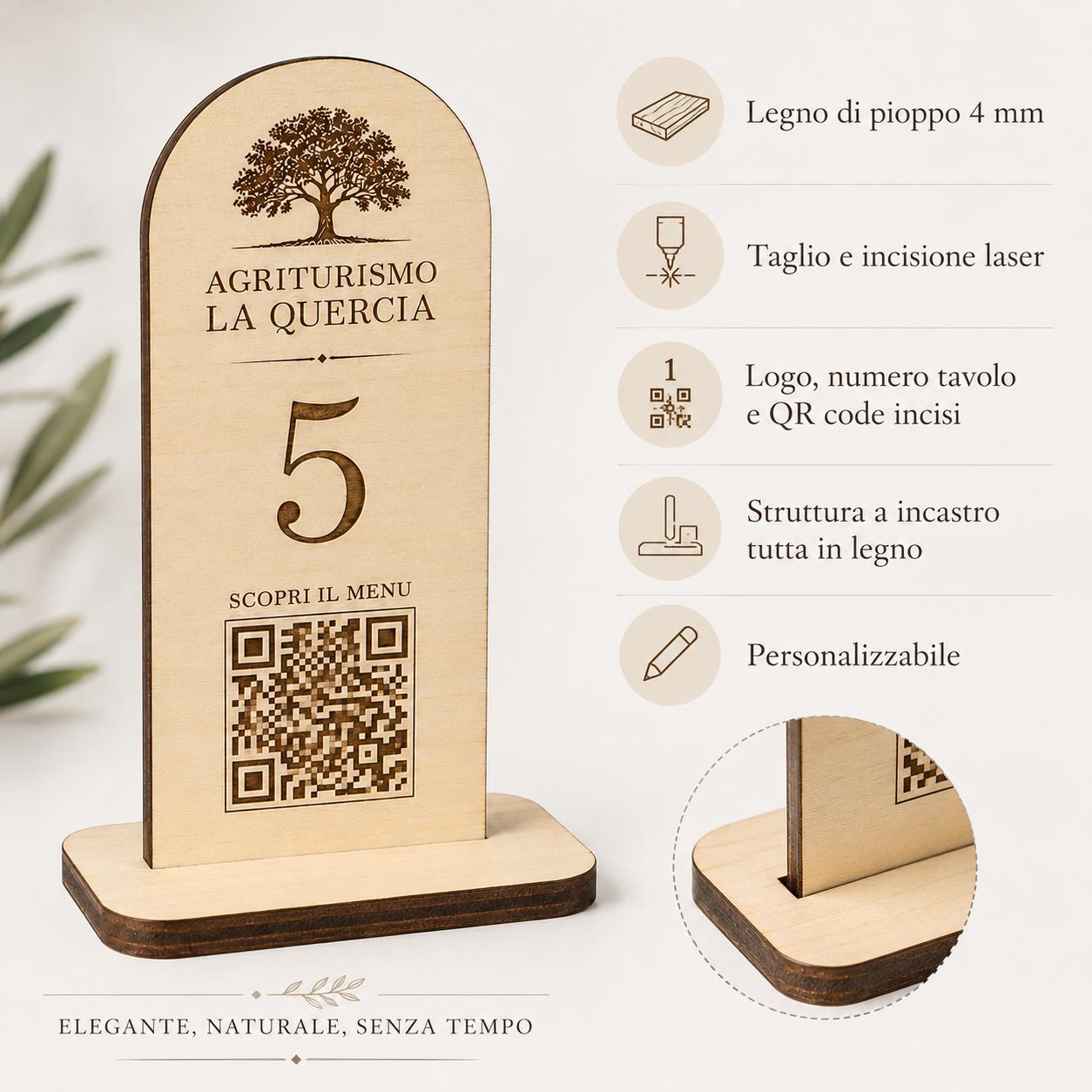 Portamenu QR Code in Legno, Segnaposto Matrimonio Country Chic, Numeri Tavolo Personalizzati con Logo, Accessori Trattoria e Cantina