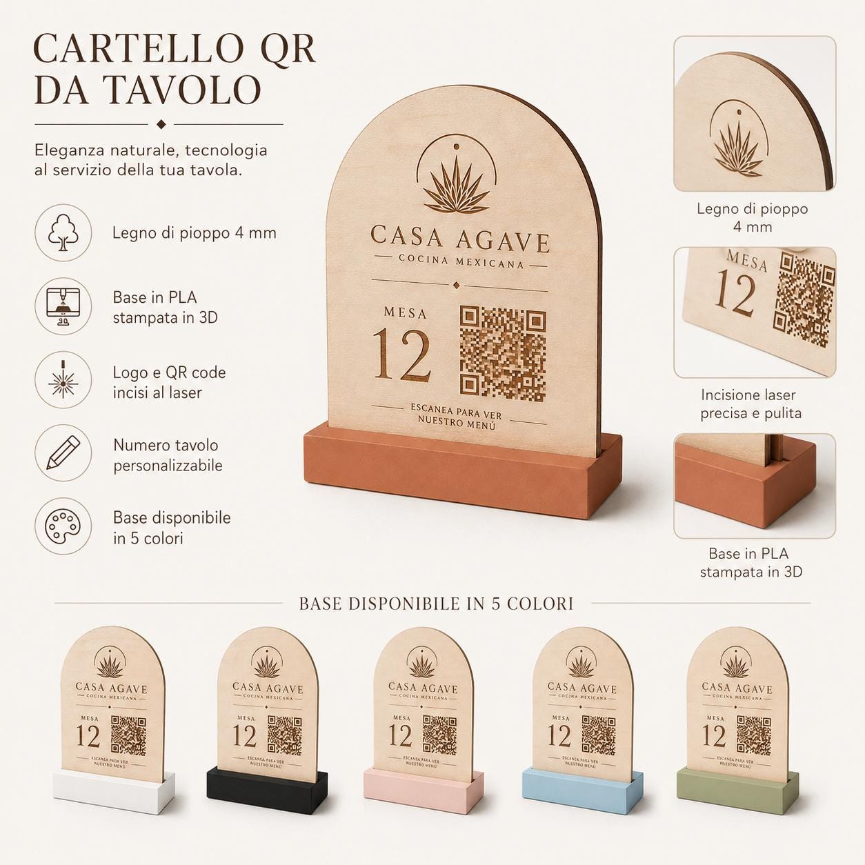 Stand verde ad Arco in Legno con Base Colorata, Porta QR Code Ristorante Personalizzato, Numeri Tavolo Moderni Boho Chic, Portamenu con Logo