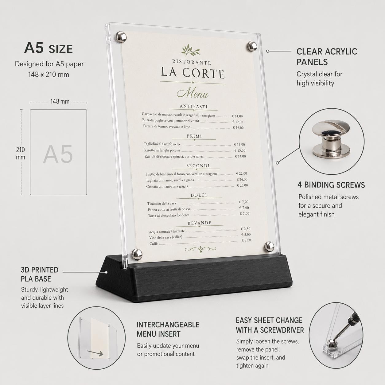 Portamenu in plexiglas con base color sabbia intercambiabile. menu holder A5 Elegance – Con Base in Stampa 3D e Acrilico con viti sepolte