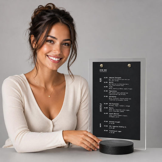 Portamenu A5 in plexiglas con base 3D circolare – immagine 1