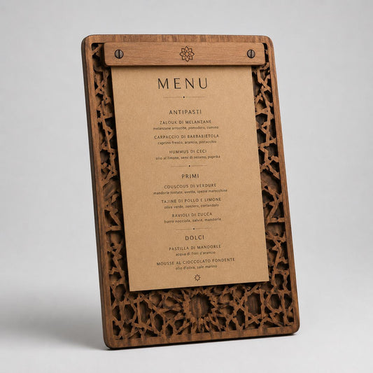 Portamenu in Legno Intagliato Stile Marocchino Personalizzato | Portamenu a Tavoletta Arabesco con Clip, Portablocco Ristorante Elegante