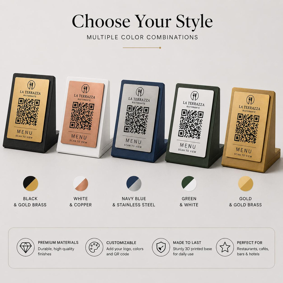 Qr code Nero acciaio elegante Personalizzato ScanFrame Stand in Metallo Inciso per Ristorante e Bar Segnatavolo Menu Digitale Display QR 3d