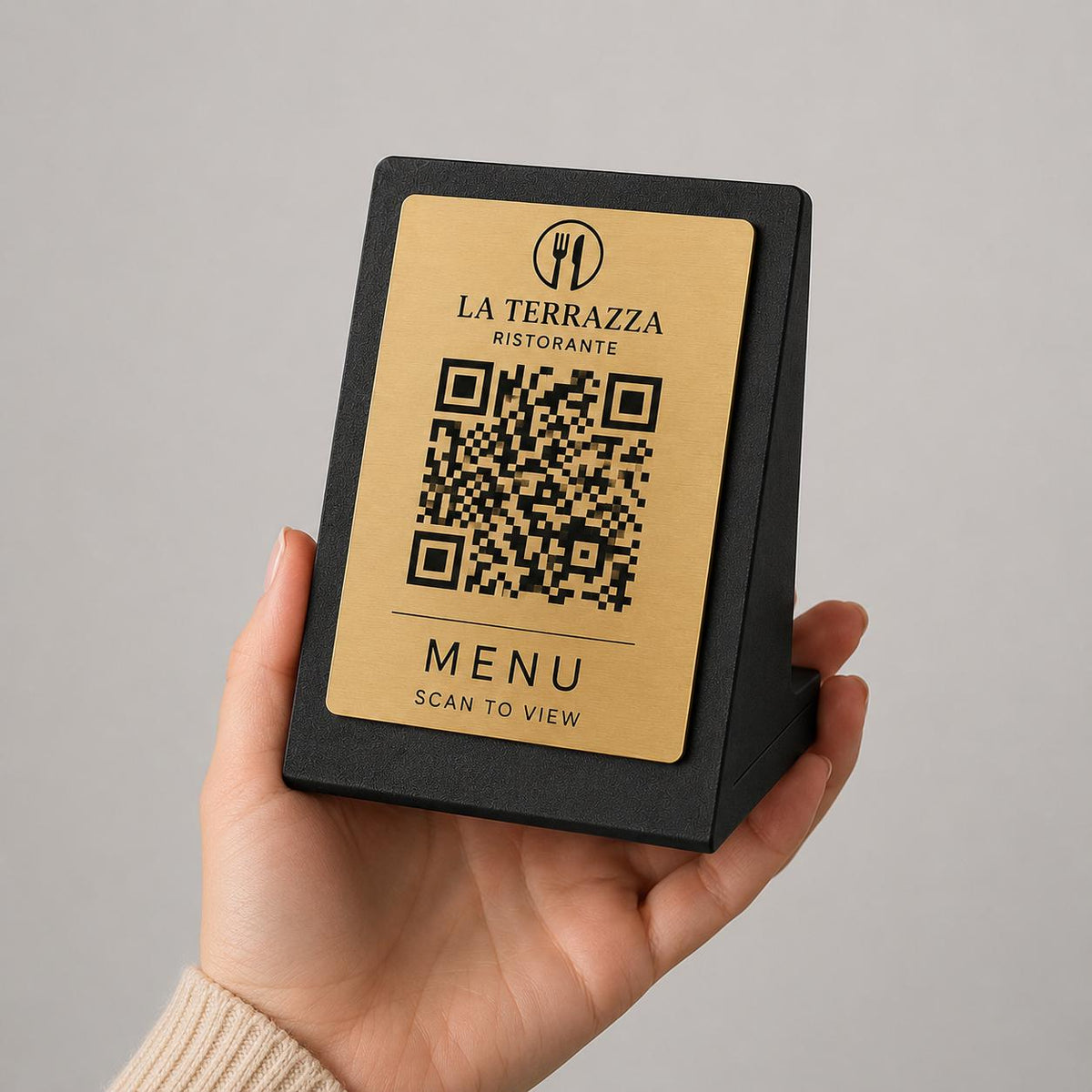 Qr code Nero acciaio elegante Personalizzato ScanFrame Stand in Metallo Inciso per Ristorante e Bar Segnatavolo Menu Digitale Display QR 3d