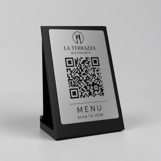 Qr code Nero acciaio elegante Personalizzato ScanFrame Stand in Metallo Inciso per Ristorante e Bar Segnatavolo Menu Digitale Display QR 3d