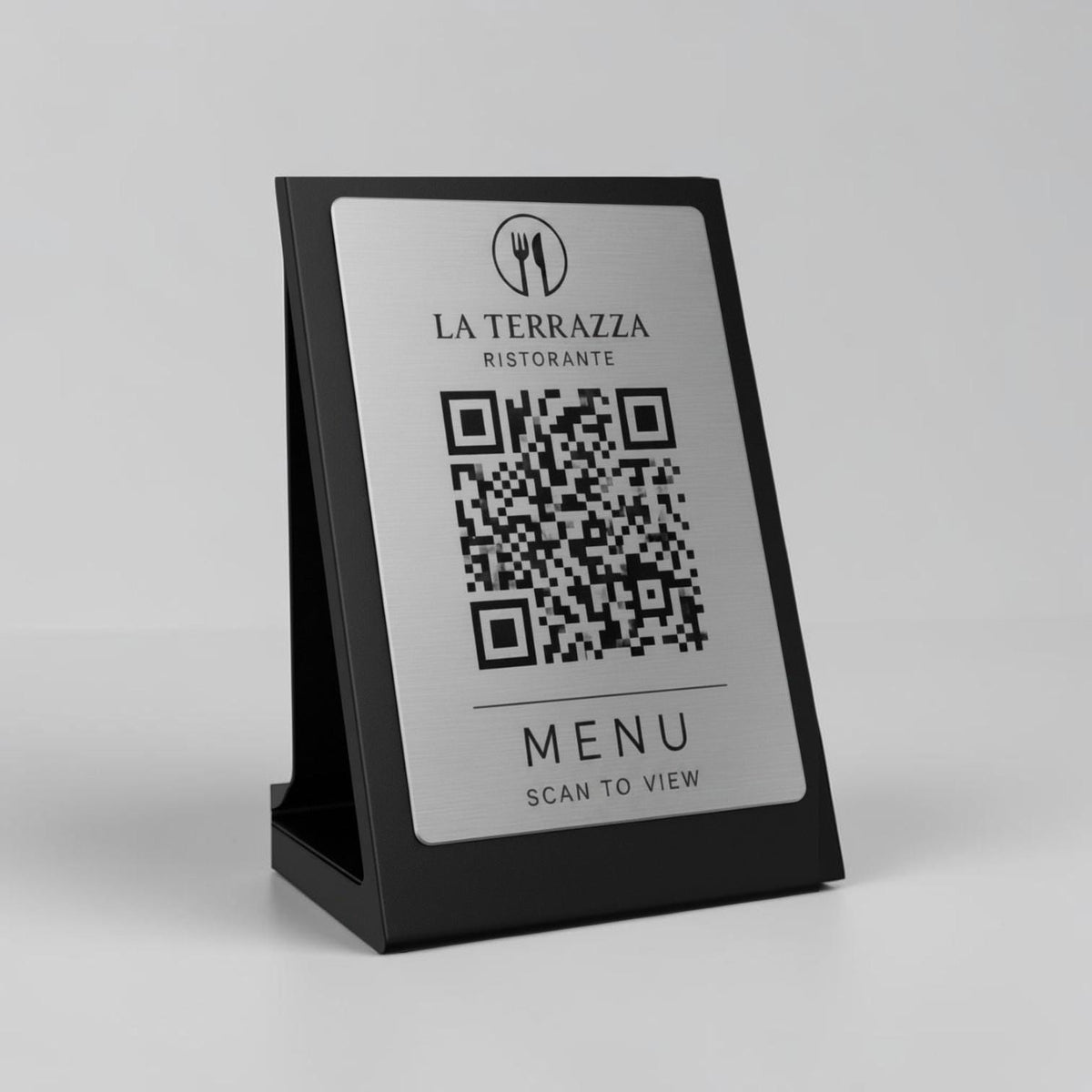 Qr code Nero acciaio elegante Personalizzato ScanFrame Stand in Metallo Inciso per Ristorante e Bar Segnatavolo Menu Digitale Display QR 3d