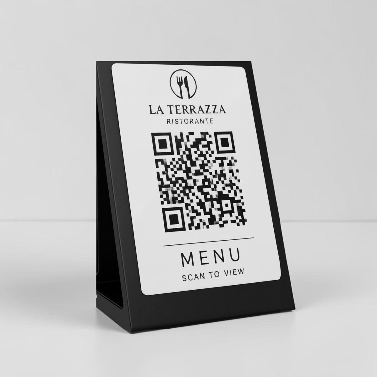 Qr code Nero acciaio elegante Personalizzato ScanFrame Stand in Metallo Inciso per Ristorante e Bar Segnatavolo Menu Digitale Display QR 3d