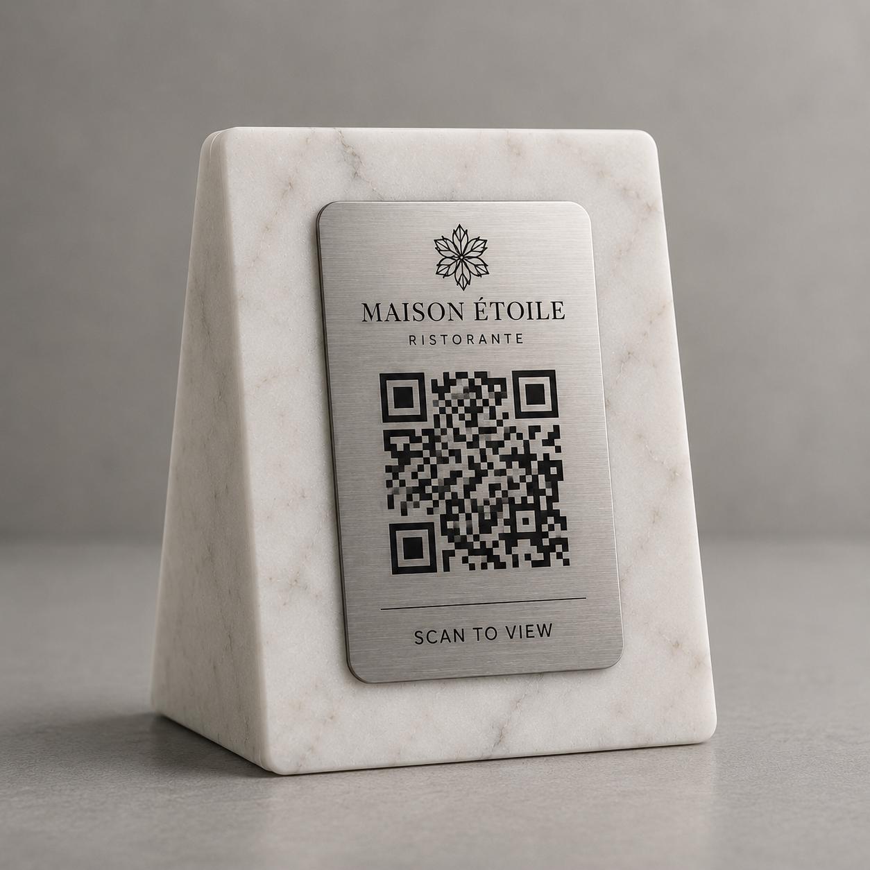 QR Code in pla effetto marmo e ottone Personalizzato | Segnaposto Ristorante Elegante | Menu Digitale Menu Cavaliere qr