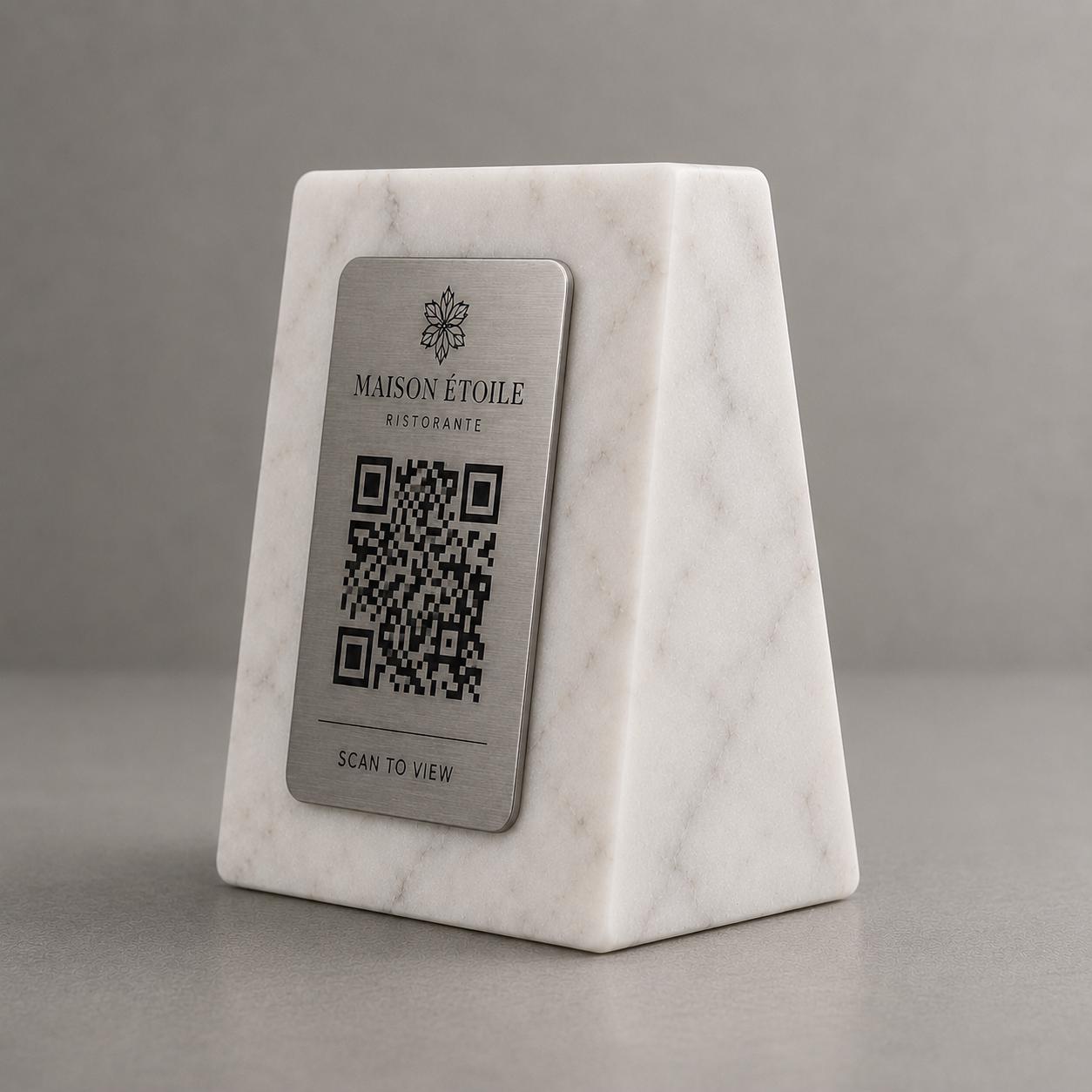 QR Code in pla effetto marmo e ottone Personalizzato | Segnaposto Ristorante Elegante | Menu Digitale Menu Cavaliere qr