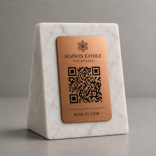 QR Code in pla effetto marmo e ottone Personalizzato | Segnaposto Ristorante Elegante | Menu Digitale Menu Cavaliere qr
