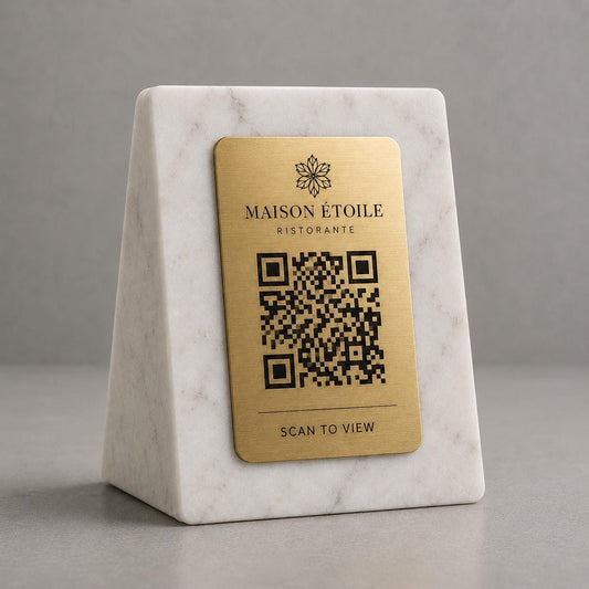 QR Code in pla effetto marmo e ottone Personalizzato | Segnaposto Ristorante Elegante | Menu Digitale Menu Cavaliere qr