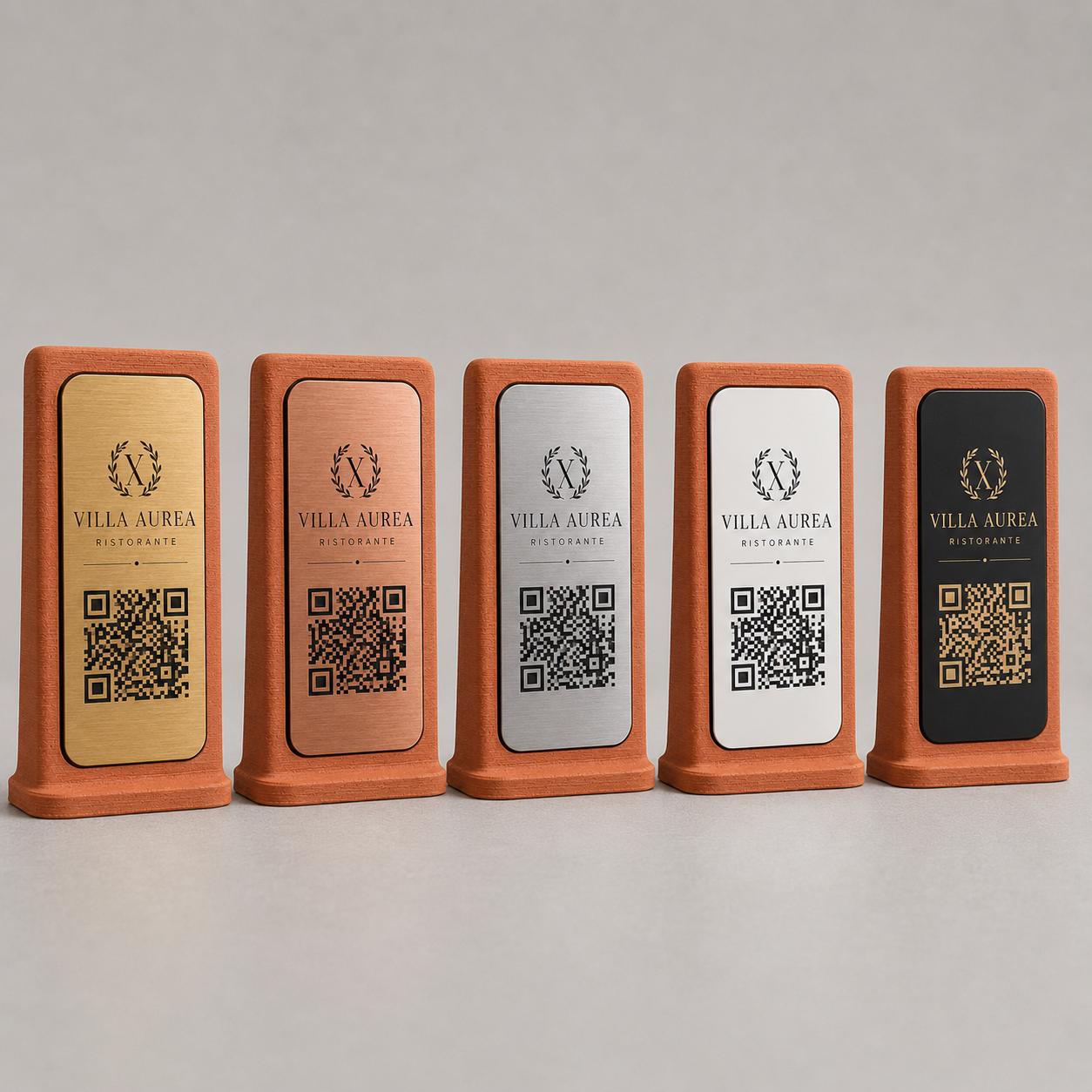 Supporto QR Code Menu Ristorante in PLA Terracotta | Totem da Tavolo Personalizzato con Logo e Targhetta Incisa Laser | WiFi, Menu, Review