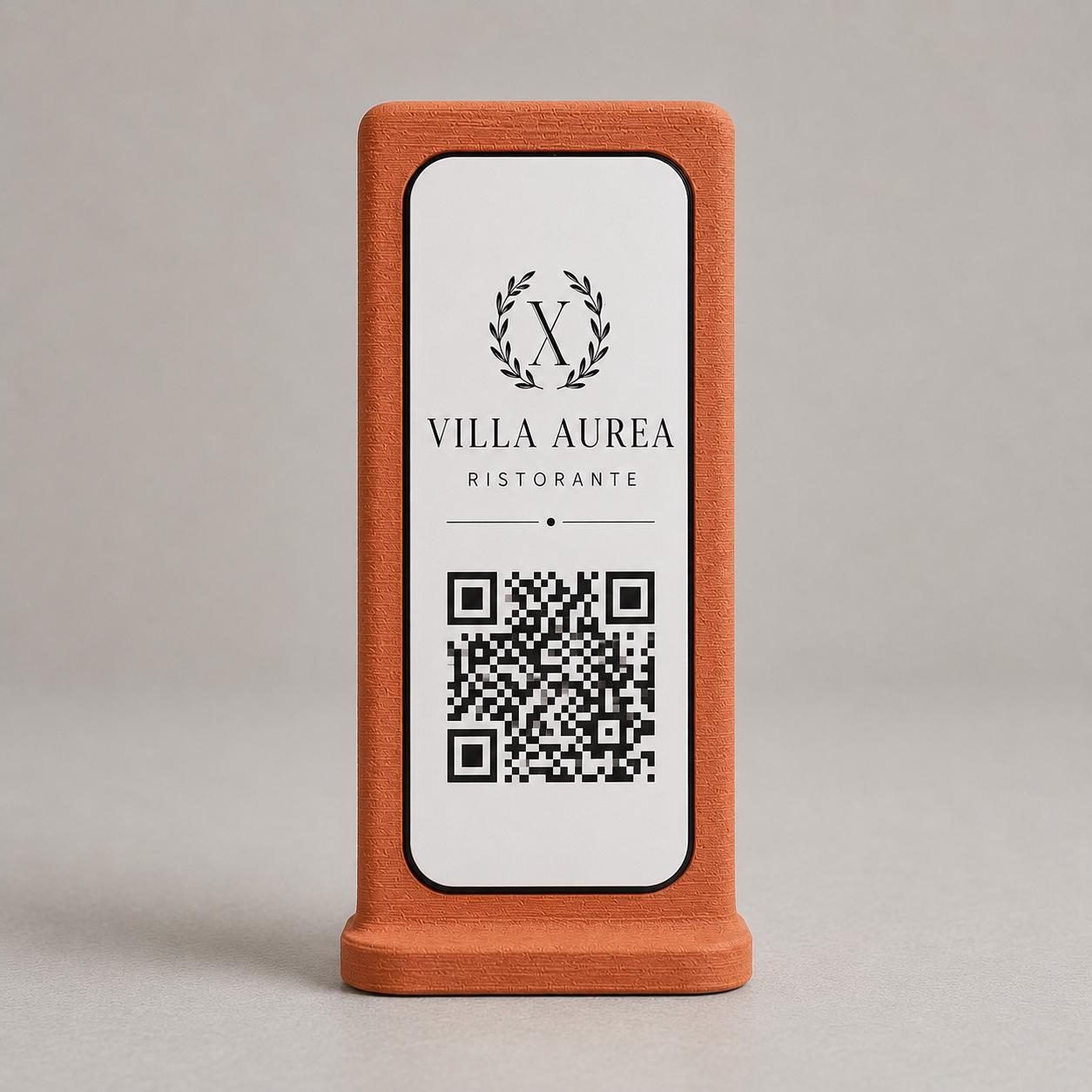 Supporto QR Code Menu Ristorante in PLA Terracotta | Totem da Tavolo Personalizzato con Logo e Targhetta Incisa Laser | WiFi, Menu, Review