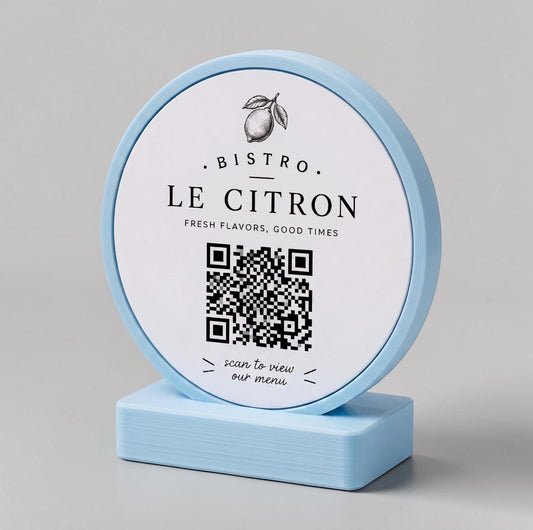 stand tondo QR Code linea POP Bistrò azzurro pastello Personalizzato per Ristorante e Bar Segnatavolo Menu Digitale Display QR 3d