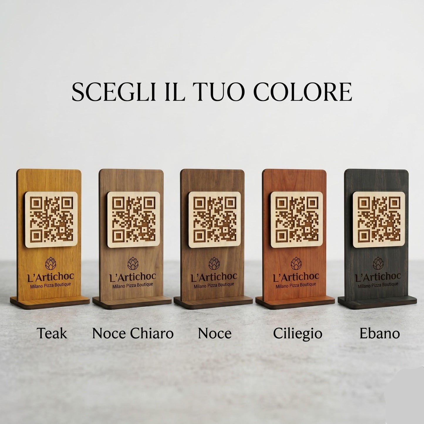 QR Code in legno mogano personalizzato, segnatavolo inciso laser per menu digitale ristorante bar hotel