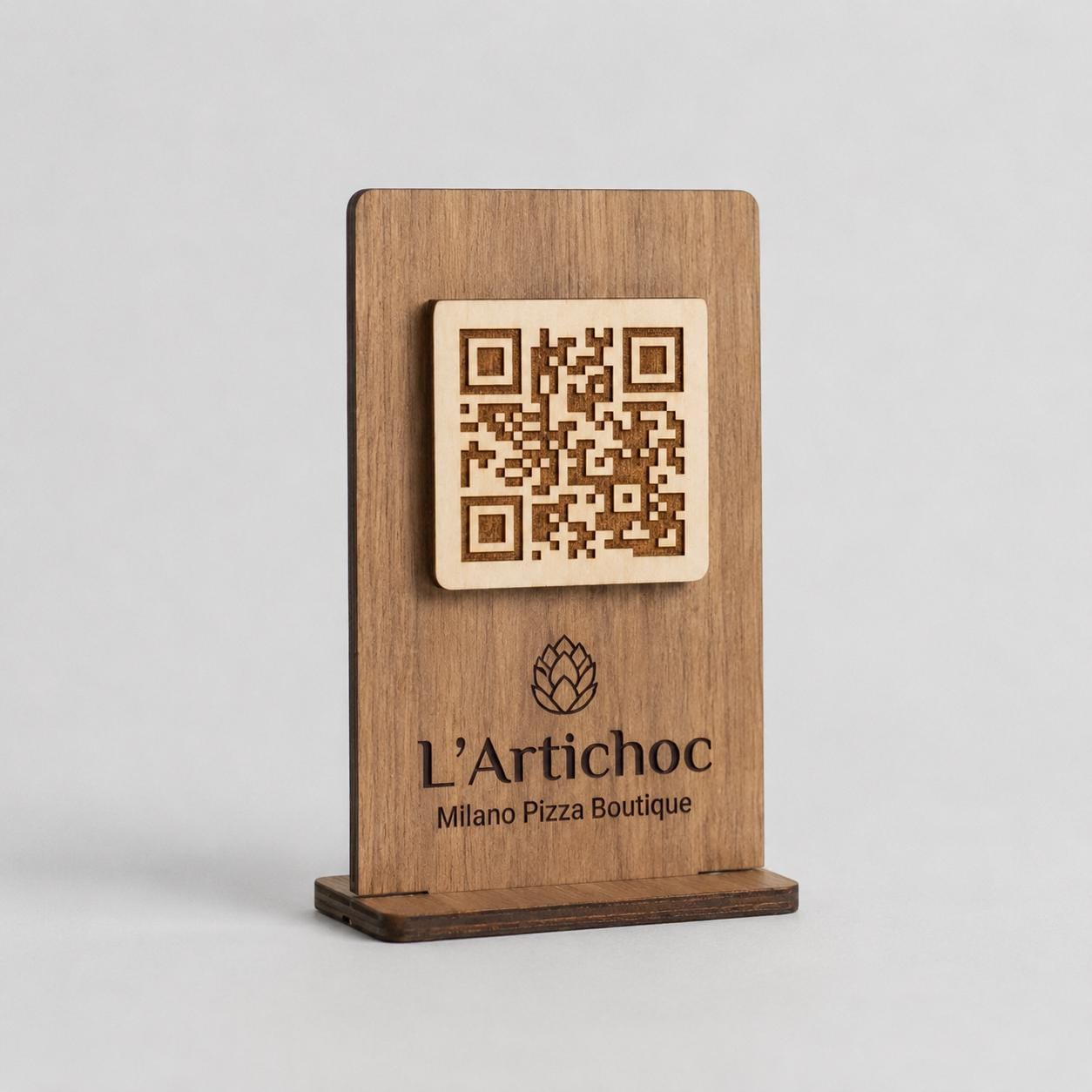 QR Code in legno mogano personalizzato, segnatavolo inciso laser per menu digitale ristorante bar hotel